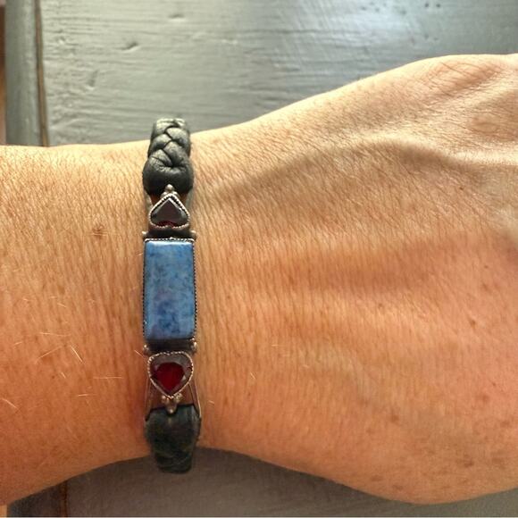 Leo Feeney Don Lucas Braided Leather Sterling Silver Blue Aventurine Bracelet - Picture 4 of 12